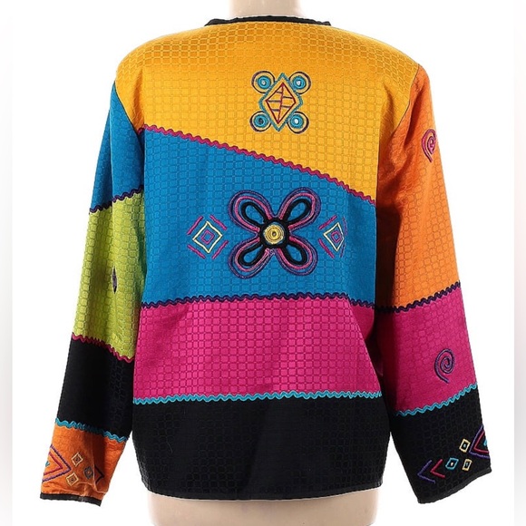Julia Ku Colorful Blazer Jacket Vibrant Applique Quilted Embroidered size M - Picture 2 of 6